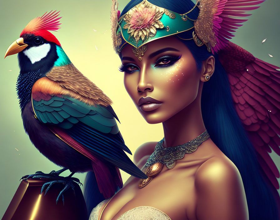 Illustrated portrait of a woman with vibrant makeup and avian features alongside a colorful bird.