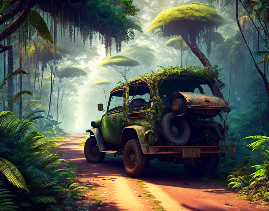 Overgrown abandoned vehicle in misty jungle