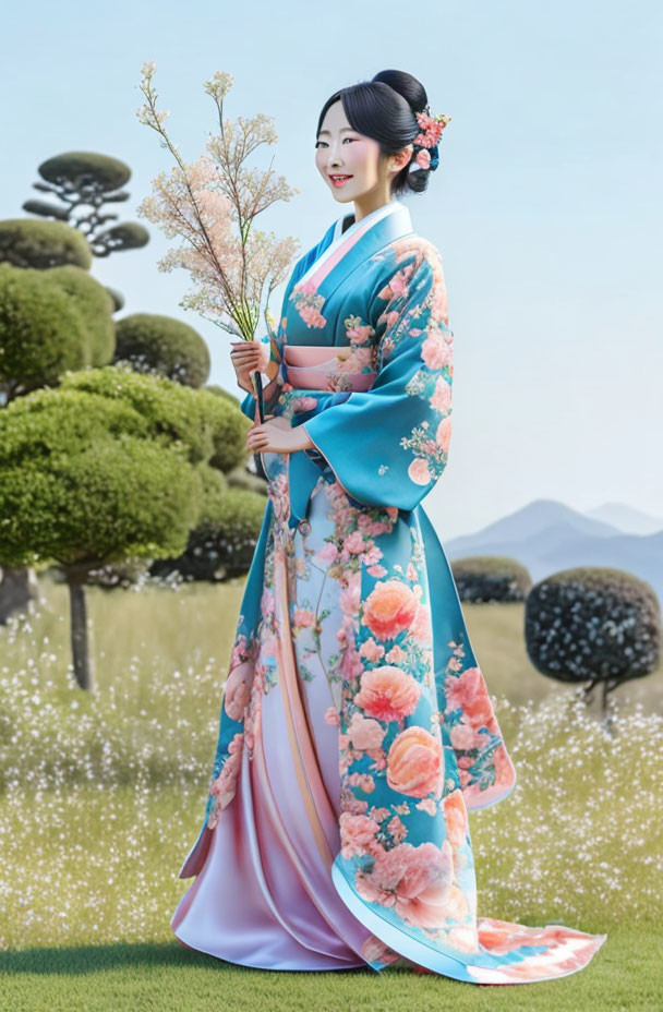 Woman in traditional floral kimono smiling in serene garden