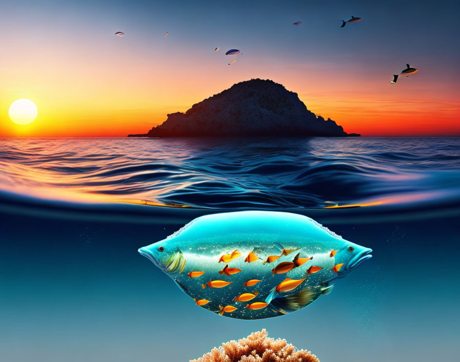 Ocean sunset scene with floating fishbowl island, tropical fish, coral, and birds.