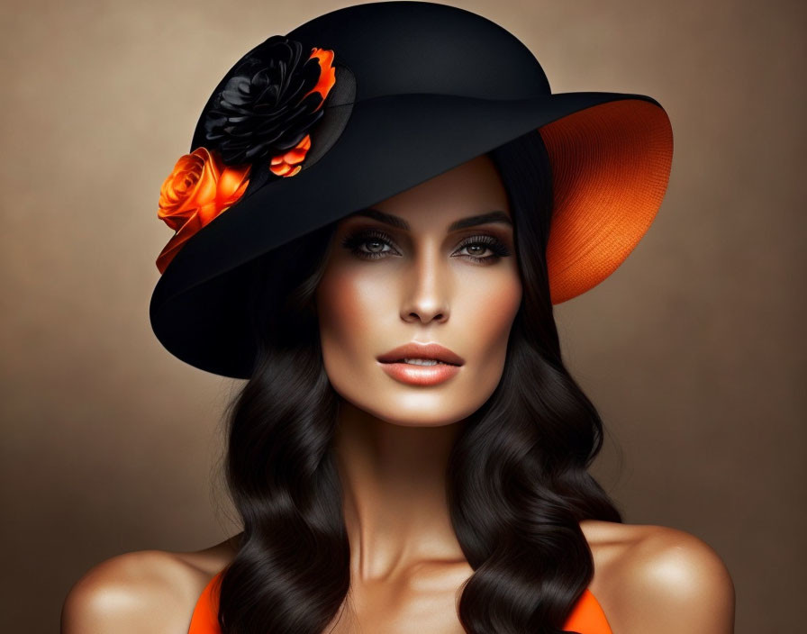 Dark-Haired Woman in Stylish Black Hat with Orange Flowers on Brown Background