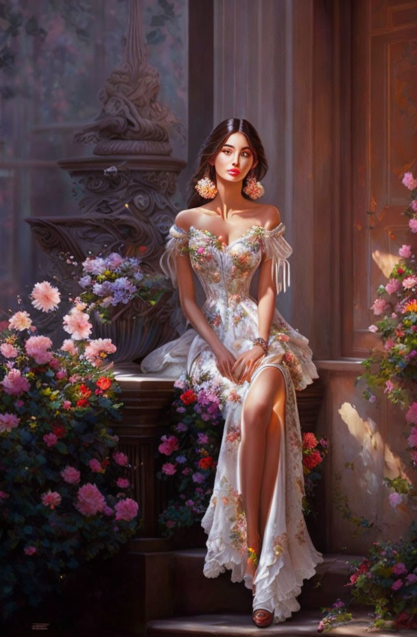 Digital artwork: Woman in elegant dress on stone bench surrounded by vibrant flowers