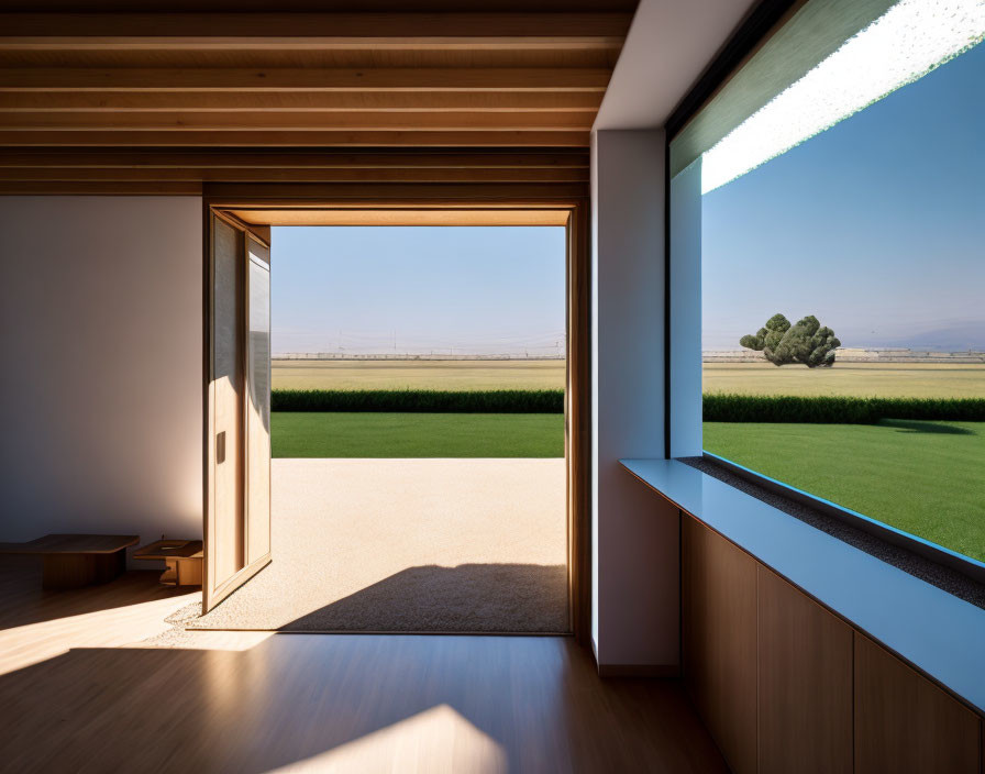 Contemporary interior with warm wood tones and expansive window view