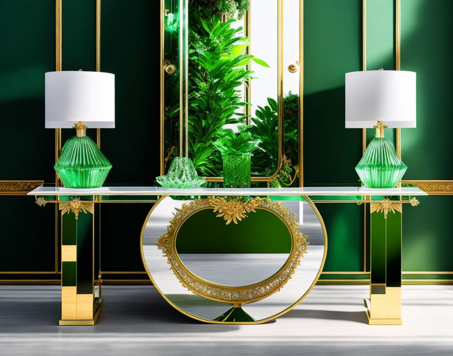 Sophisticated Interior Decor with Green Crystal Lamps & Mirrored Accents