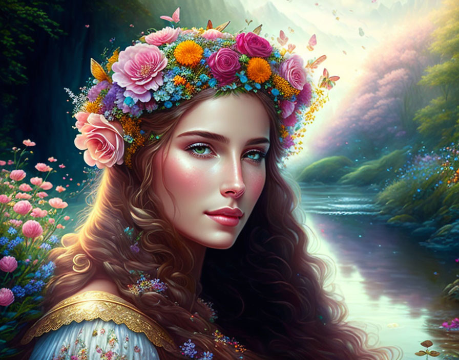 Digital artwork: Woman with floral crown, long hair, river, enchanted forest