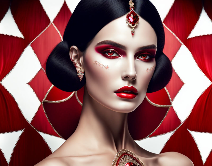 Stylized makeup with bold red lips and eye shadow on woman against geometric background