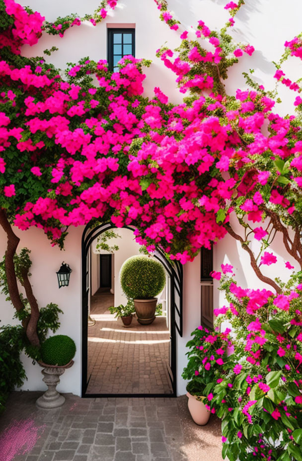 Pink bougainvillea archway leading to white building with potted plants-lined pathway