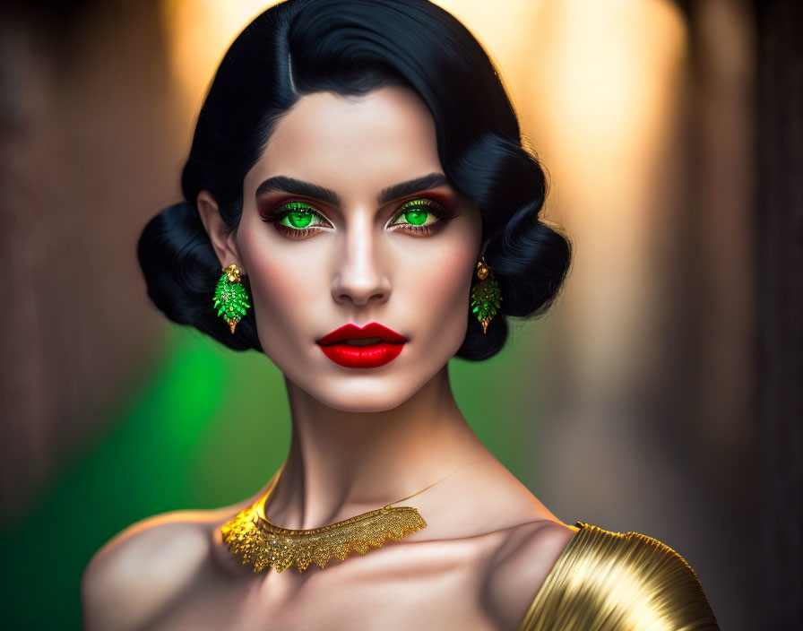 Portrait of a Woman with Green Eyes, Red Lips, Black Hair, Gold Accessories