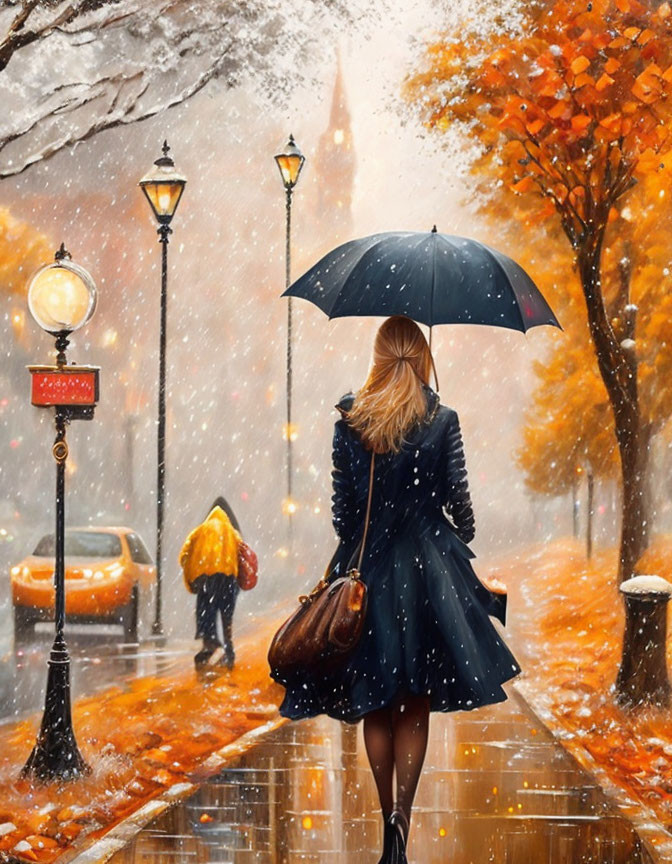 Woman with umbrella in picturesque autumn street scene