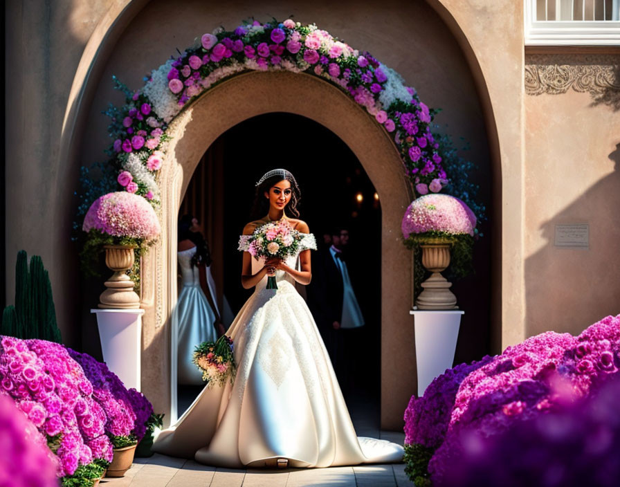 Bride in white gown at floral archway entrance with pink flowers