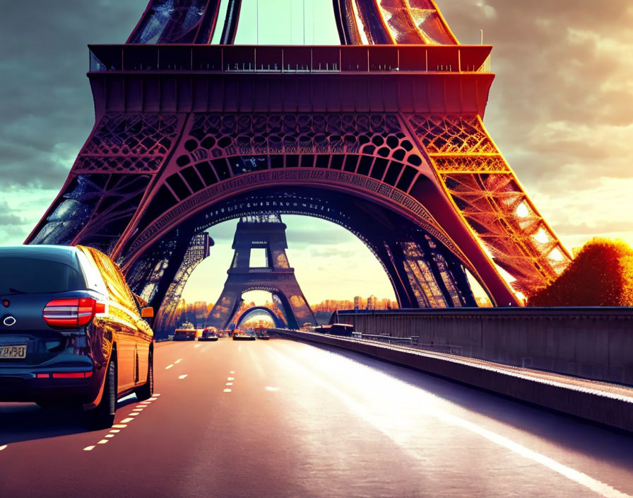 Scenic sunset view of Eiffel Tower road with car and warm sky tones