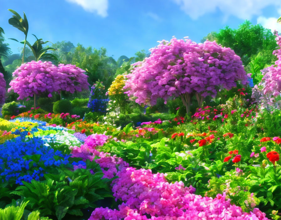 Colorful Garden Blooming Under Blue Sky