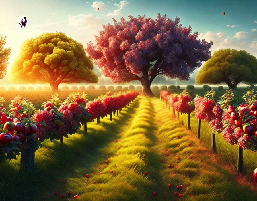 Lush Orchard with Red Fruits, Cherry Blossom, Grass Path, and Butterflies