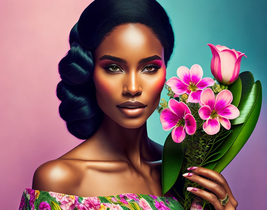 Styled Hair Woman Holding Pink Flower Bouquet on Teal Background