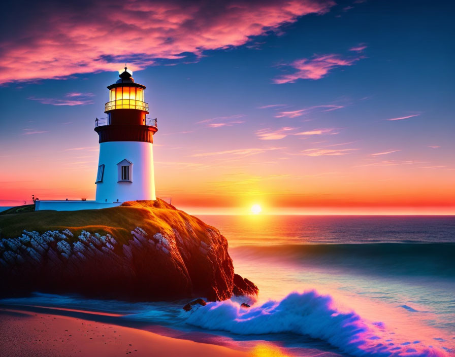 Lighthouse on rocky cliff with lit beacon at sunset