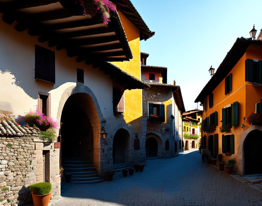 Traditional European Street with Colorful Flower Pots and Stone Houses