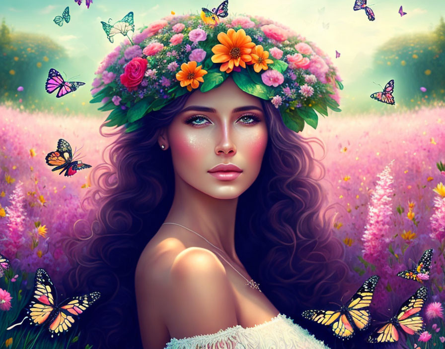 Digital art portrait of woman with floral crown and butterflies in blooming field.