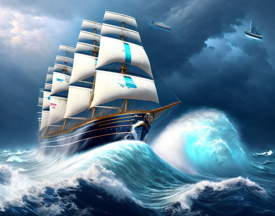 Turbulent seas with tall ship, crashing waves, and dramatic sky