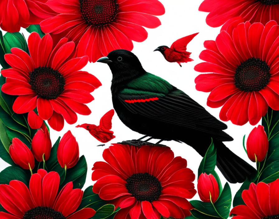 Colorful Illustration: Black Bird with Green Feathers Among Red Daisies