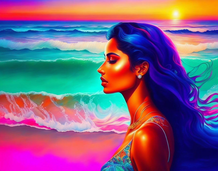 Colorful digital artwork: Woman with blue hair at sunset beach