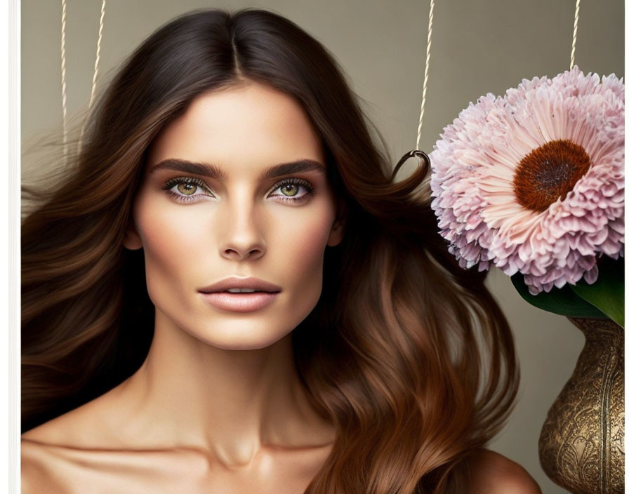 Woman with Green Eyes and Brown Hair Poses by Pink Flower