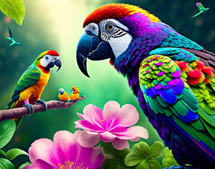 Colorful Parrots Perched on Branch with Flowers & Green Background