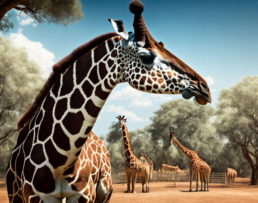 A close-up of a giraffe with tongue out, with three giraffes and two zebras