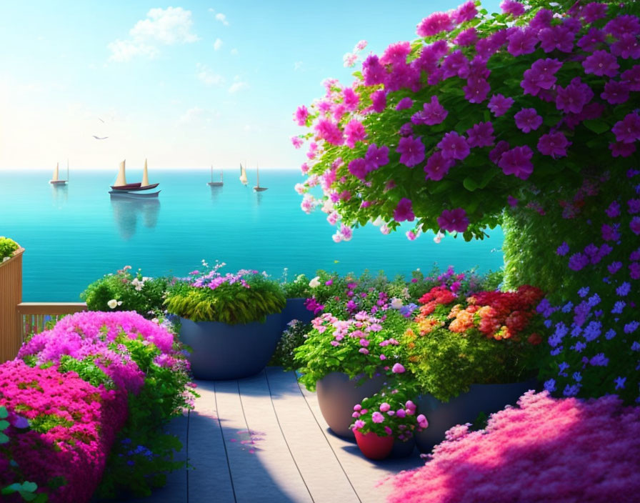 Balcony garden with lush flowers overlooking serene ocean.