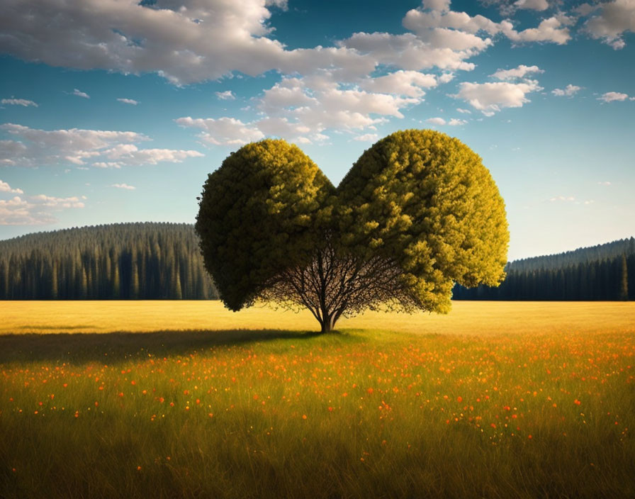 Heart-shaped tree branches and leaves in orange flower field with forest backdrop and blue sky