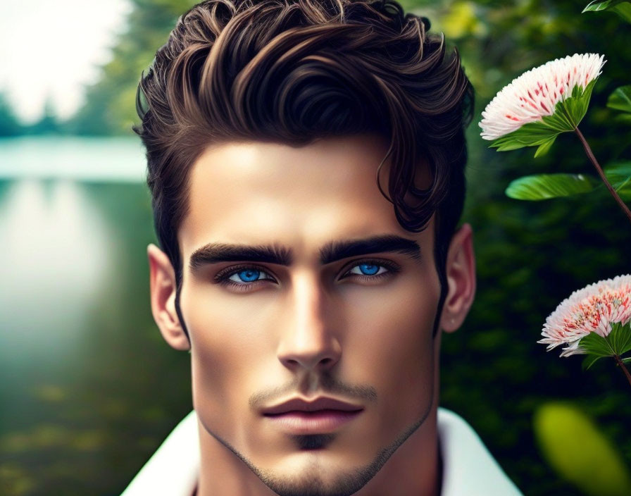 Man with Styled Hair and Blue Eyes in Nature with Pink Flowers