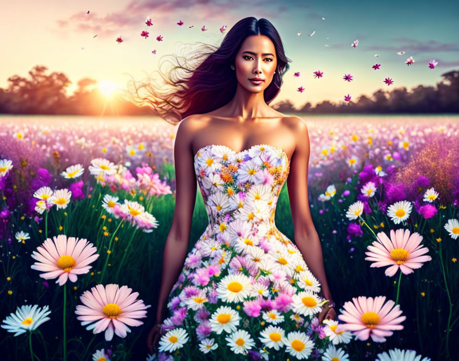 Woman in floral dress surrounded by flowers at sunset