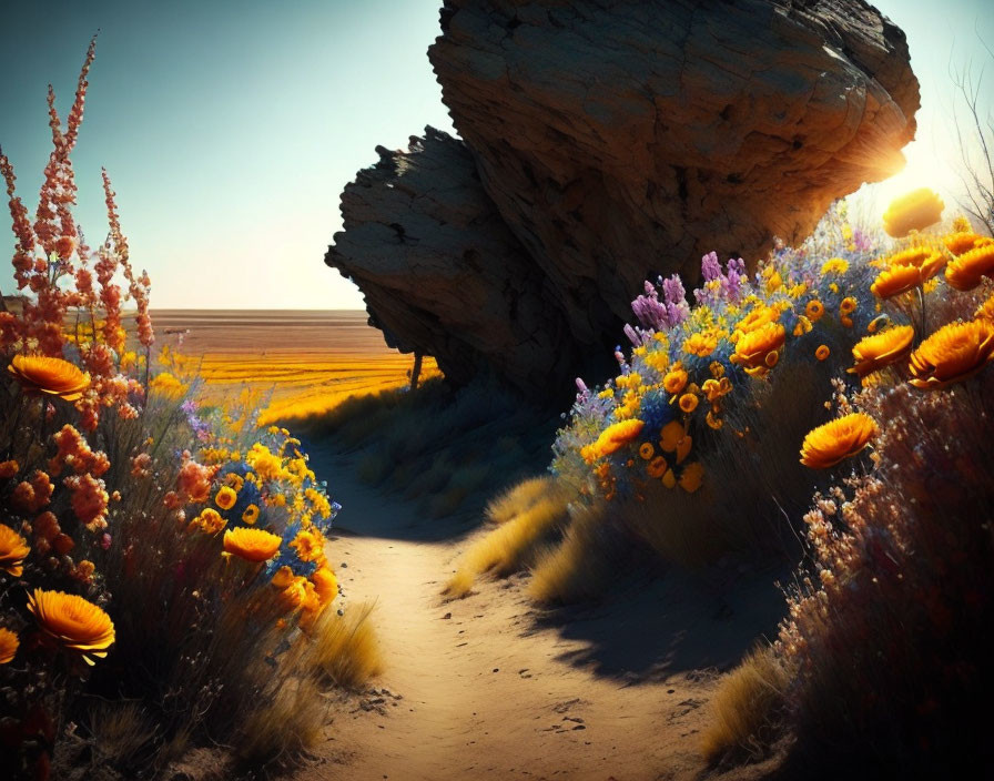 Vibrant desert flowers and rock formation under sunny sky