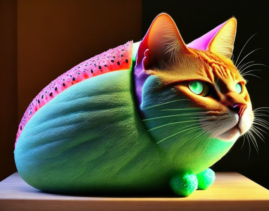 Cat and Watermelon Digital Artwork with Green Body and Pink Seeds