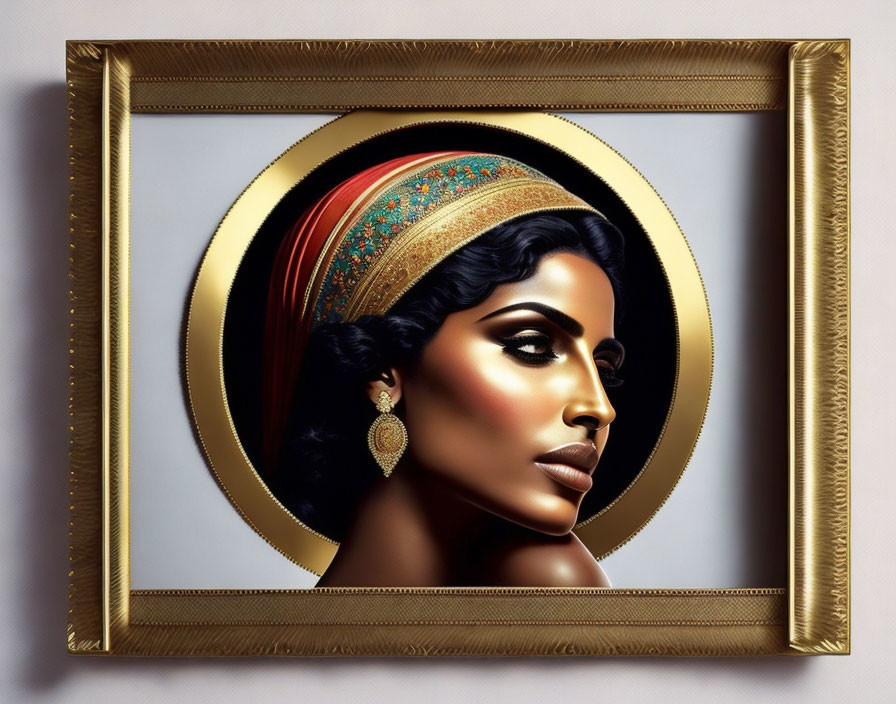 Framed digital artwork: Woman with headband and earring in golden and earthy tones