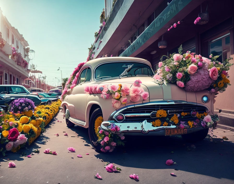 Vintage car decorated with flowers on charming street.