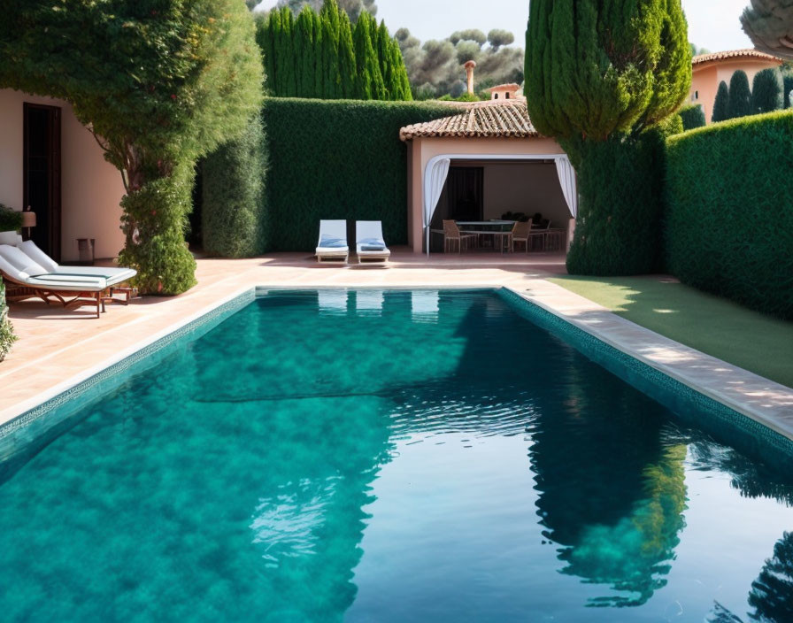 Rectangular pool with sun loungers, hedges, and cozy patio in serene backyard