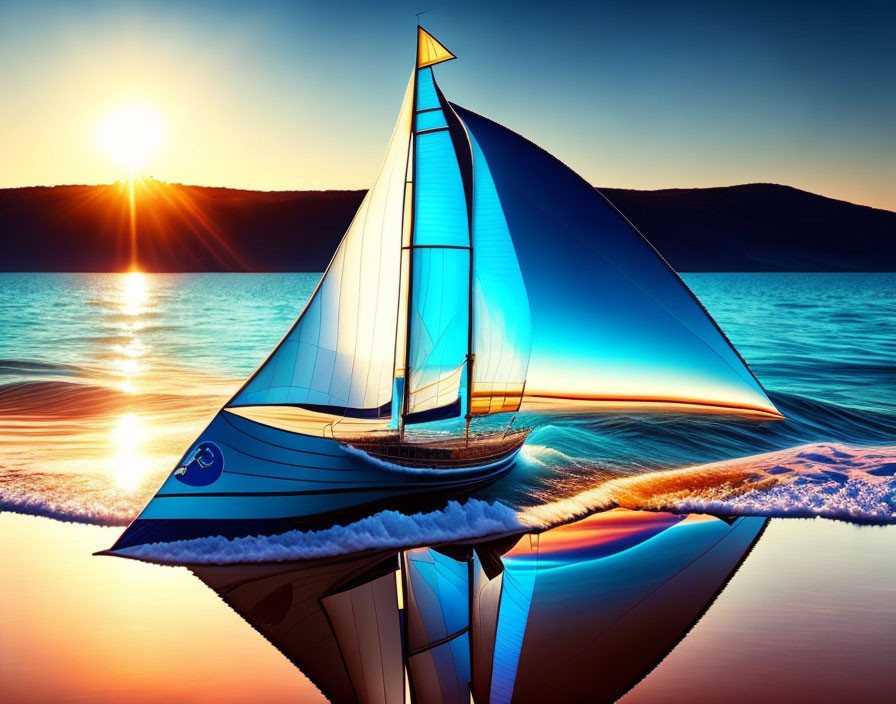 Sailboat with Blue Sails on Calm Water at Sunset