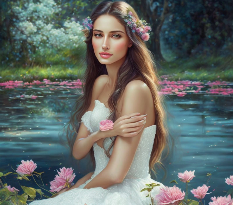 Woman with Long Hair and Floral Crown by Pond with Pink Flowers