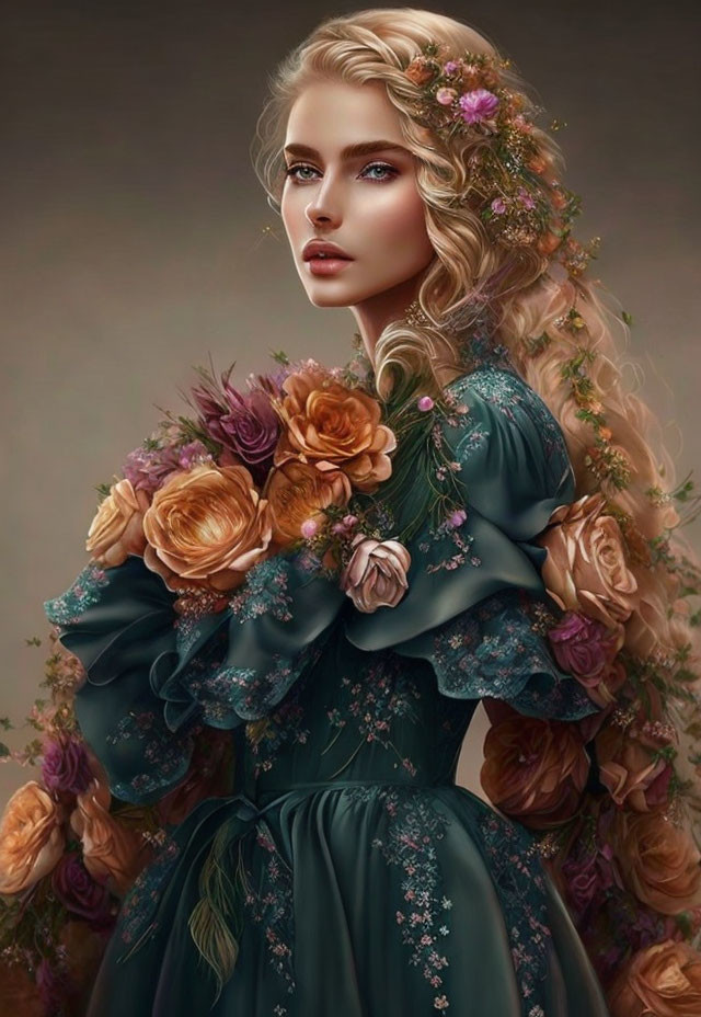 Woman with Flowers in Hair and Ornate Floral Dress: Ethereal and Romantic Blue-Eyed G