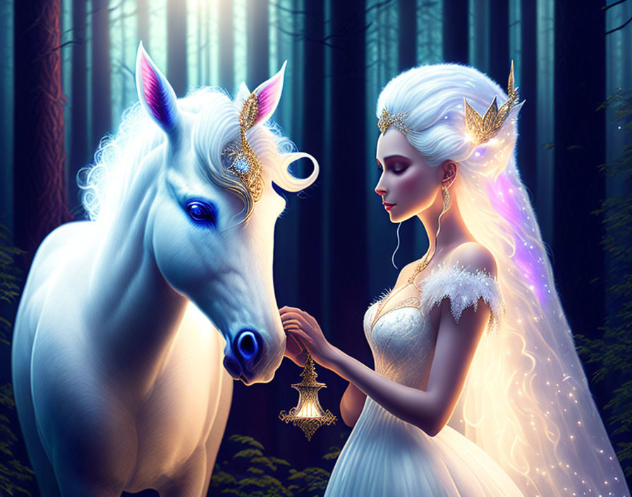 Majestic unicorn in enchanted forest with radiant woman in white