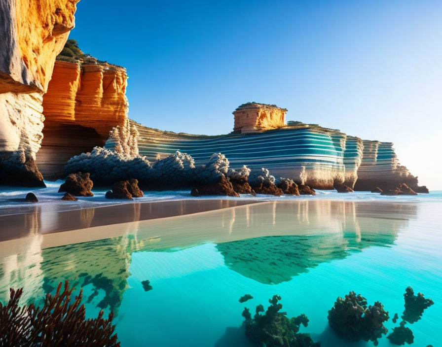 Golden sunlight illuminates coastal cliffs with horizontal stratification above a serene turquoise sea.