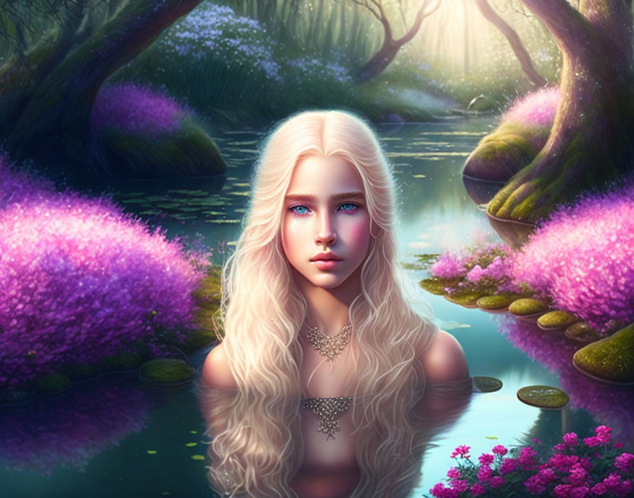 Fantasy illustration of woman in enchanted forest with white hair and blue eyes