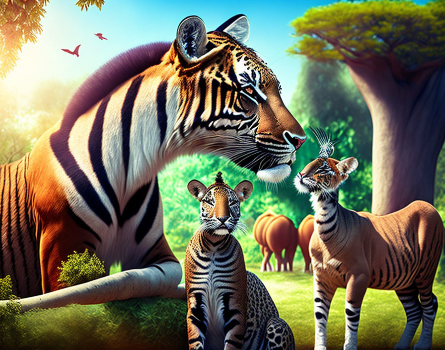 Tiger with Two Cubs in Colorful Forest with Elephants and Blue Sky