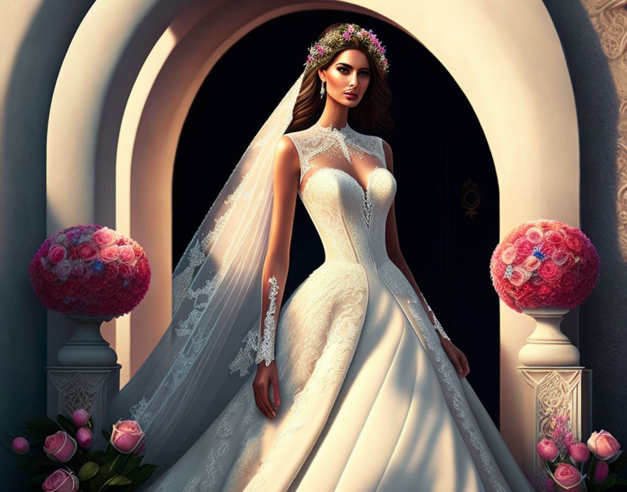 Bride in white gown with lace veil and floral headpiece between pink floral arrangements in arched doorway