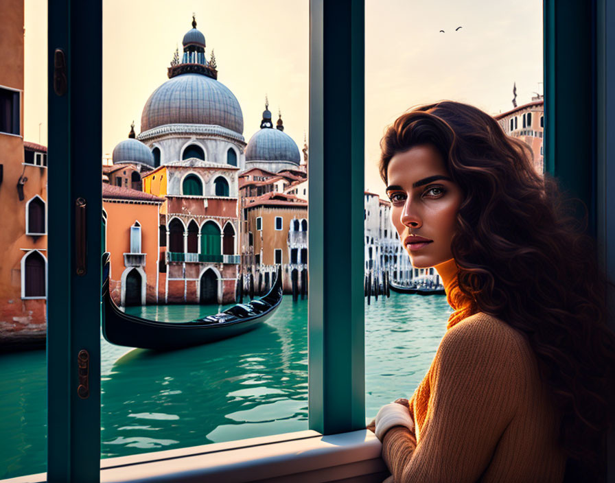 Venetian canal view with woman looking out window