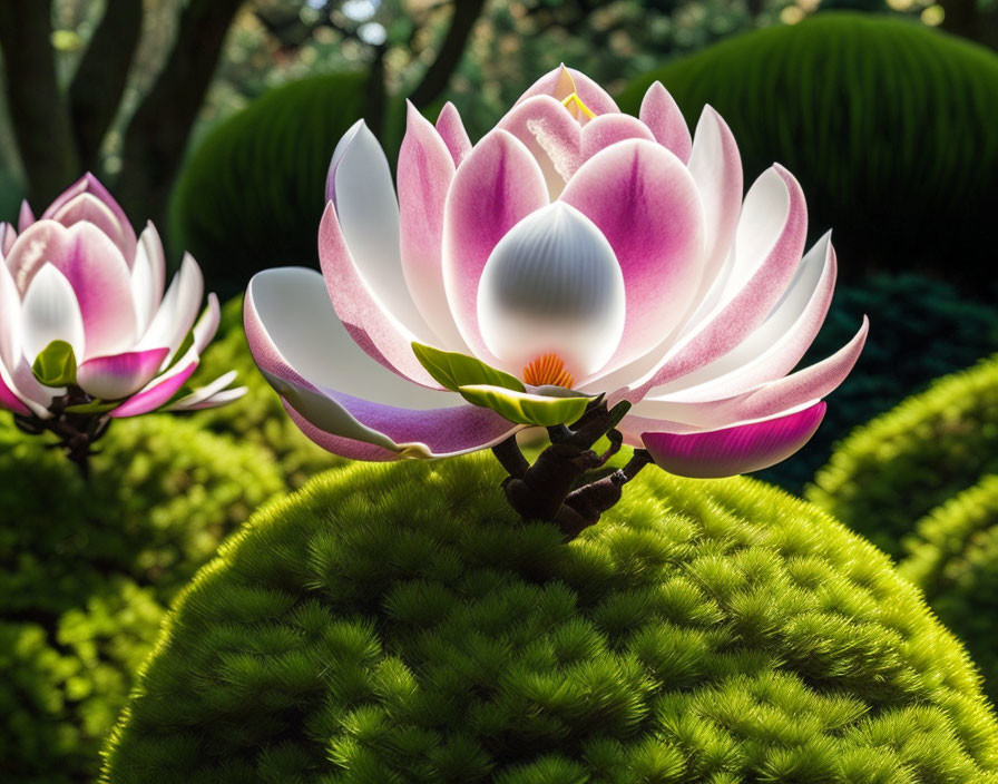 Pink and White Lotus Flower in Full Bloom Backlit by Sunlight