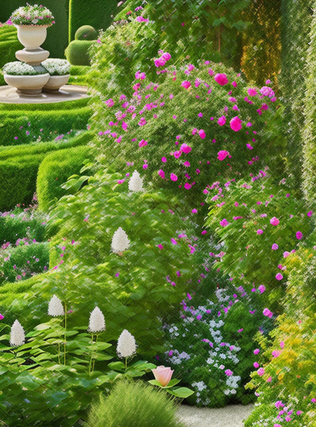 Lush Green Hedges, Pink Roses, White Blooms in Vibrant Garden