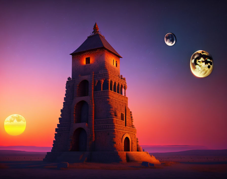 Ancient tower at dusk under purple sky with setting sun and two moons