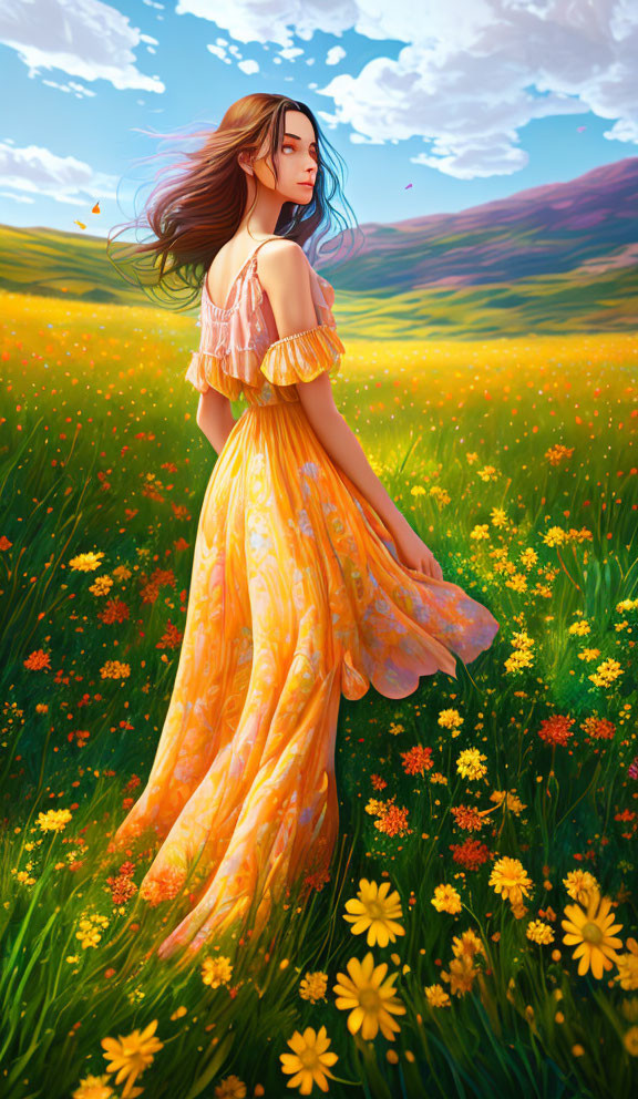 Woman in flowing yellow dress in vibrant flower field with green hills background