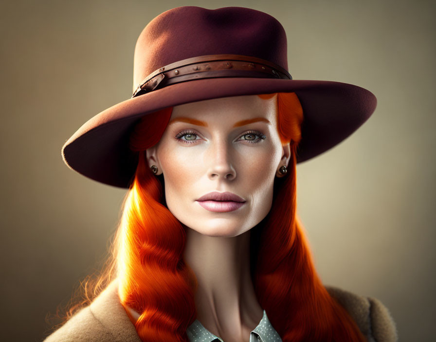 Red-haired woman in brown wide-brimmed hat with stern expression and blurred background.